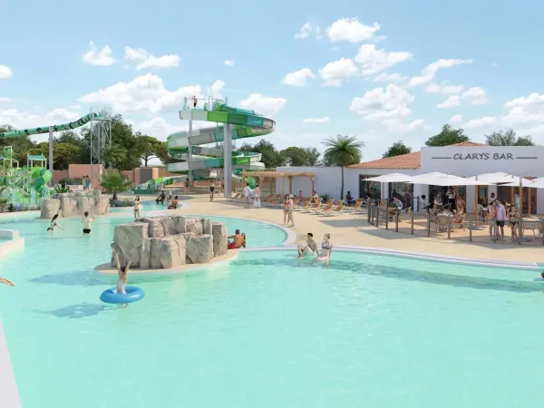 The renovated pool in 2025 with slide and Clarys bar at Roan campsite Le Domaine du Clarys.